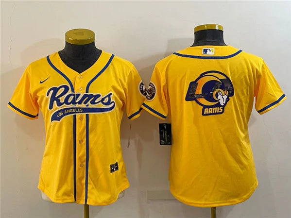 Baseball Jersey For Limited-Time Orders-Women's Los Angeles Rams Yellow Team Big Logo With Patch Cool Base Stitched Baseball Jersey(Run Small)