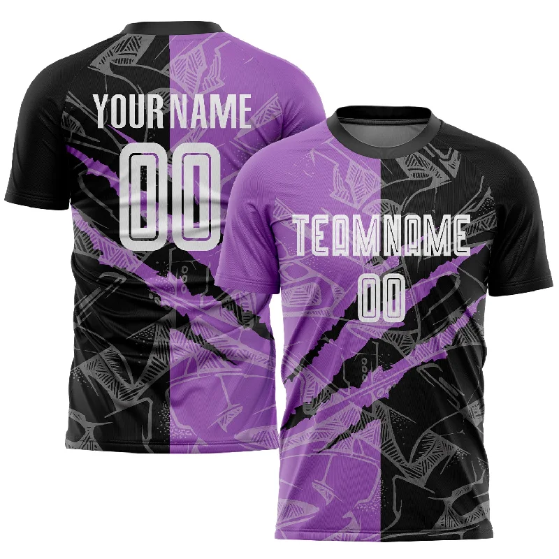 Personalized Football Jersey-Custom Graffiti Pattern Black-Medium Purple Scratch Sublimation Soccer Uniform Jersey