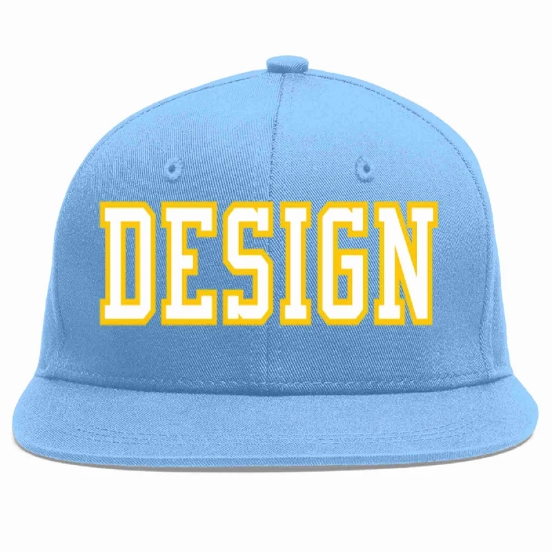 Baseball Cap For Personalized Embroidery-Custom Light Blue White-Gold Flat Eaves Sport Baseball Cap Design for Men/Women/Youth