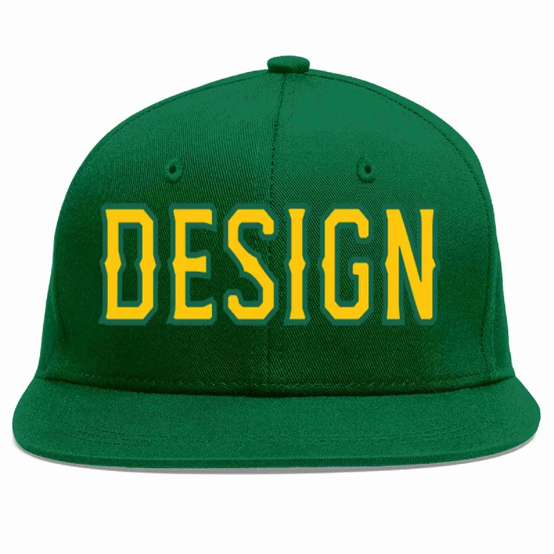 Baseball Cap For Personalized Baseball Gear-Custom Green Gold-Kelly Green Flat Eaves Sport Baseball Cap Design for Men/Women/Youth