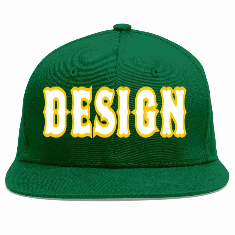 Baseball Cap For Men-Custom Green White-Gold Flat Eaves Sport Baseball Cap Design for Men/Women/Youth