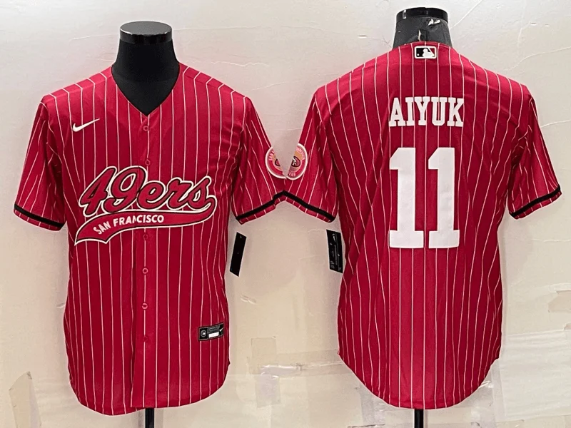 Baseball Jersey For College And University Teams-Men's San Francisco 49ers #11 Brandon Aiyuk Red Pinstripe With Patch Cool Base Stitched Baseball Jersey