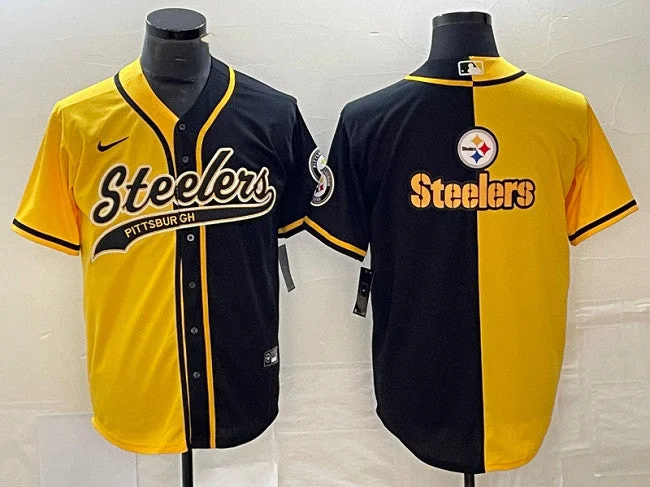 Baseball Jersey For Group Events-Men's Pittsburgh Steelers Yellow Black Split Team Big Logo Cool Base Stitched Baseball Jersey