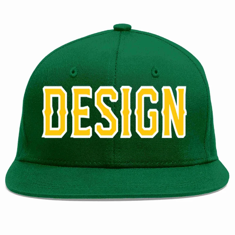 Baseball Cap For College Fan Apparel-Custom Green Gold-White Flat Eaves Sport Baseball Cap Design for Men/Women/Youth