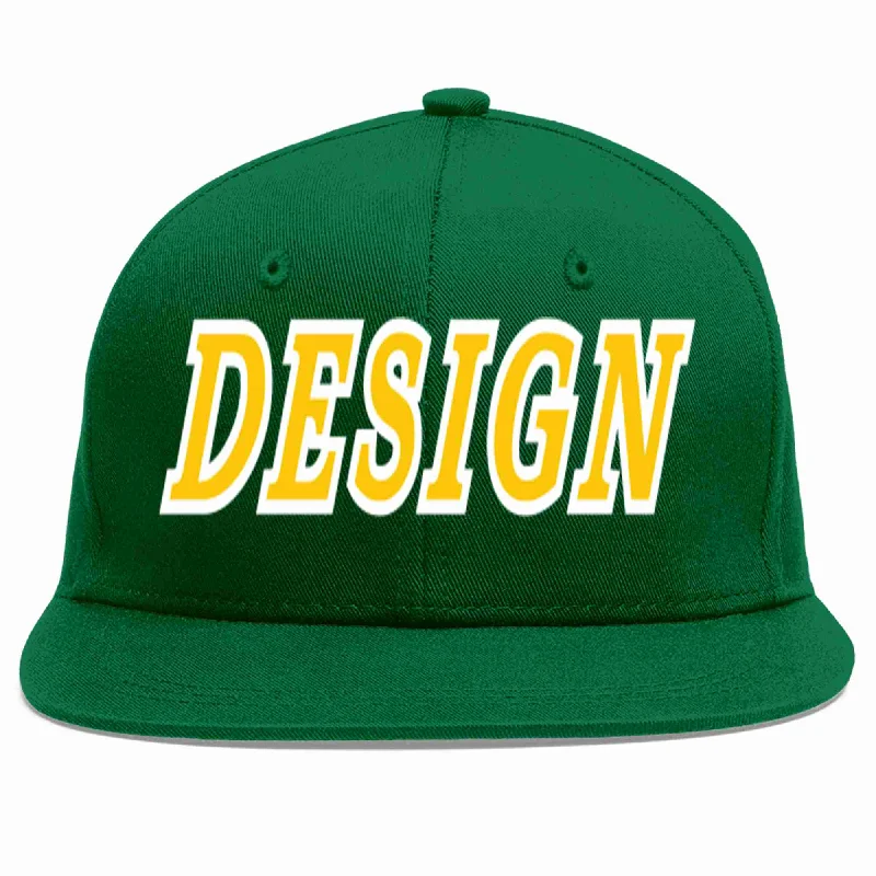 Baseball Cap With Team Spirit Designs-Custom Green Gold-White Flat Eaves Sport Baseball Cap Design for Men/Women/Youth