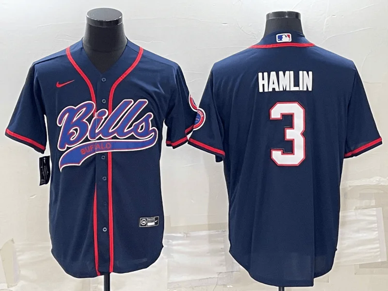 Baseball Jersey For Group Fundraising-Men's Buffalo Bills #3 Damar Hamlin Navy Blue With Patch Cool Base Stitched Baseball Jersey