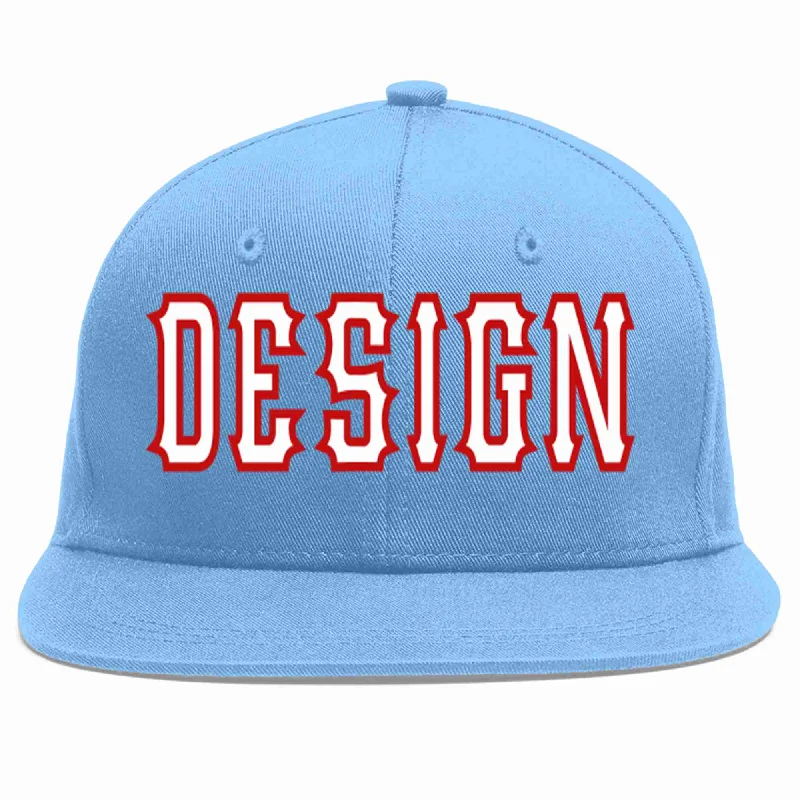 Baseball Cap For Youth And Adult Teams-Custom Light Blue White-Red Flat Eaves Sport Baseball Cap Design for Men/Women/Youth