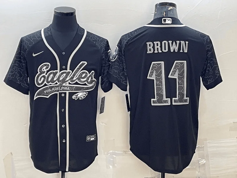 Baseball Jersey For Player Merchandise-Men's Philadelphia Eagles #11 AJ Brown Black Reflective With Patch Cool Base Stitched Baseball Jersey