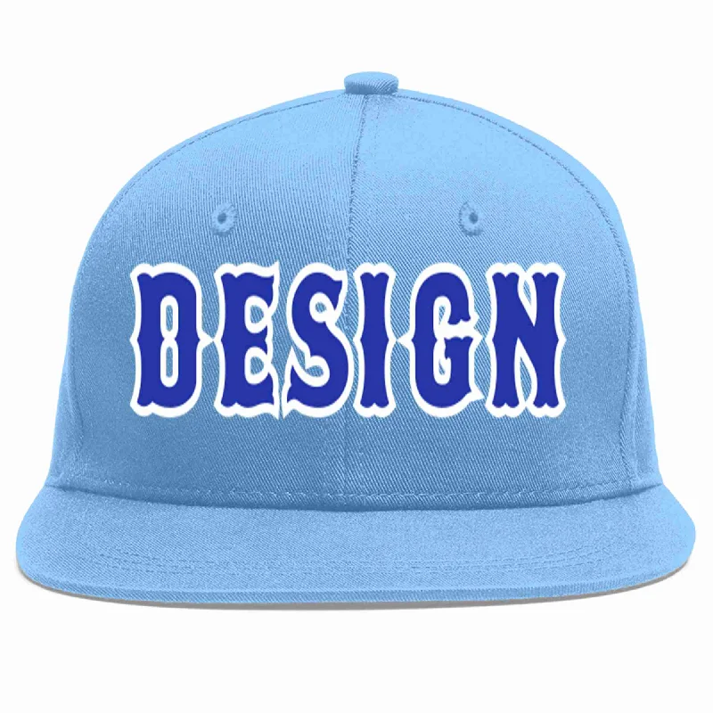 Baseball Cap For College Fan Apparel-Custom Light Blue Royal-White Flat Eaves Sport Baseball Cap Design for Men/Women/Youth