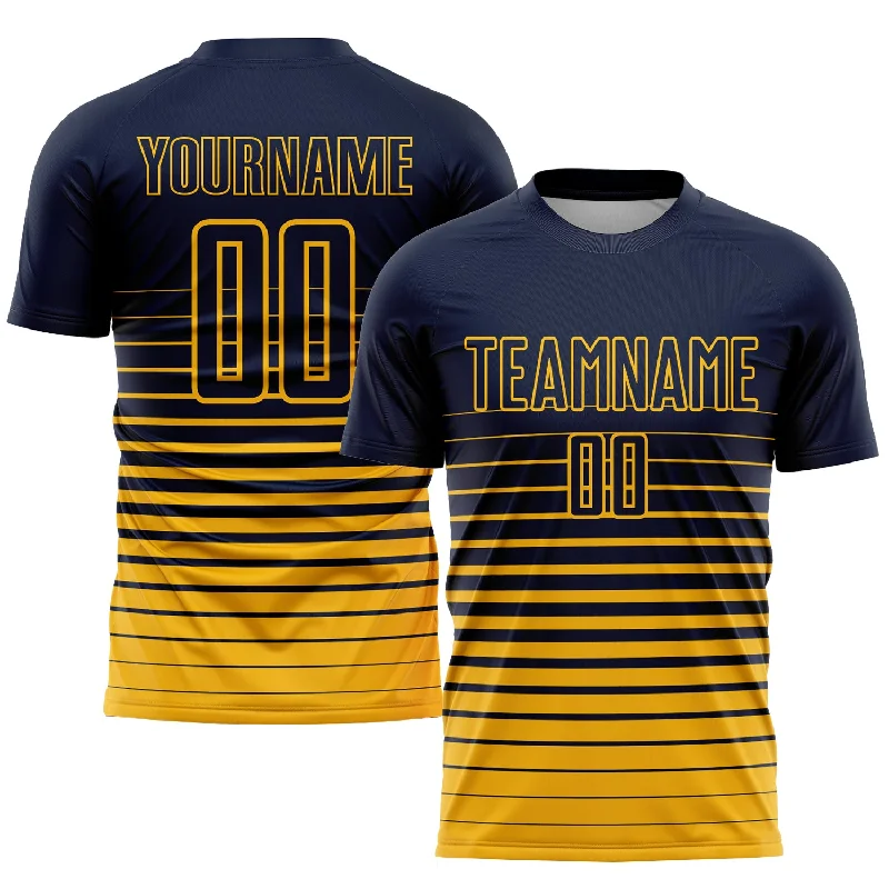 Football Jersey For Exclusive Team Gear-Custom Navy Gold Pinstripe Fade Fashion Sublimation Soccer Uniform Jersey