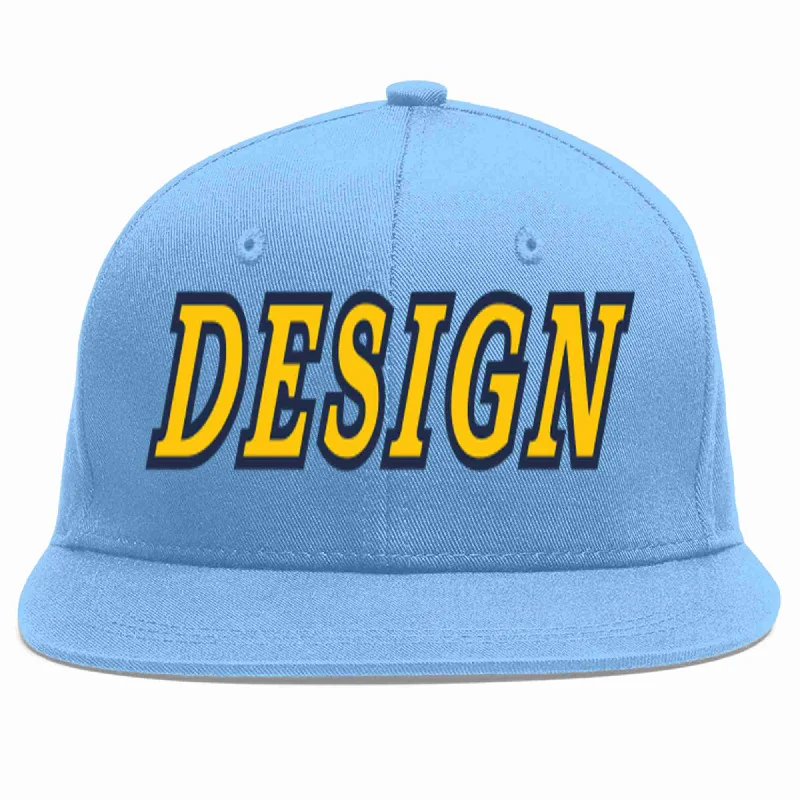 Baseball Cap For Unique Graphics-Custom Light Blue Gold-Navy Flat Eaves Sport Baseball Cap Design for Men/Women/Youth