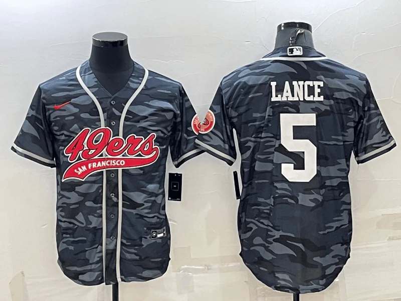 Baseball Jersey For Youth Baseball Leagues-Men's San Francisco 49ers #5 Trey Lance White Name Grey Camo With Patch Cool Base Stitched Baseball Jersey