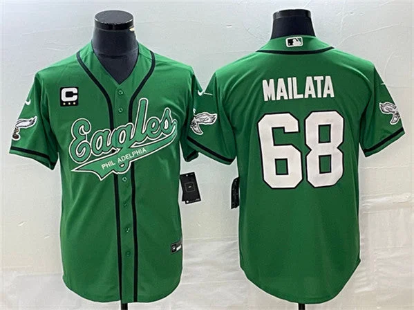 Baseball Jersey For Custom Team Jerseys-Men's Philadelphia Eagles #68 Jordan Mailata Green With C Patch Cool Base Stitched Baseball Jersey