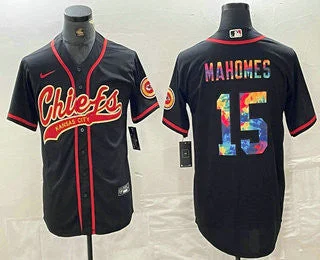 Baseball Jersey For Special Occasions-Men's Kansas City Chiefs #15 Patrick Mahomes Black Multi Color With Patch Cool Base Stitched Baseball Jersey