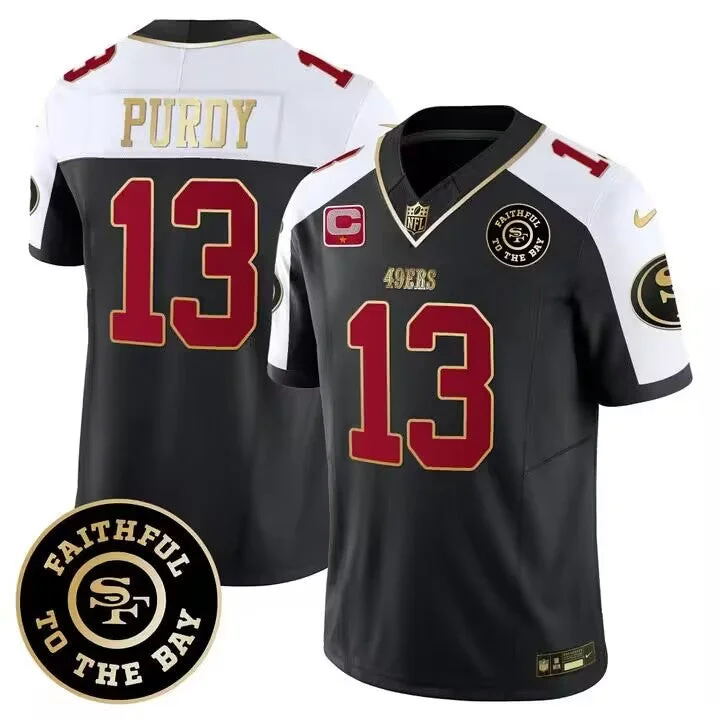 Football Jersey For Game Day Fan Apparel-Men's San Francisco 49ers #13 Brock Purdy White balck 2023 F.U.S.E. With 1-Star C Patch and Faithful To The Bay Patch Football Stitched Game Jersey