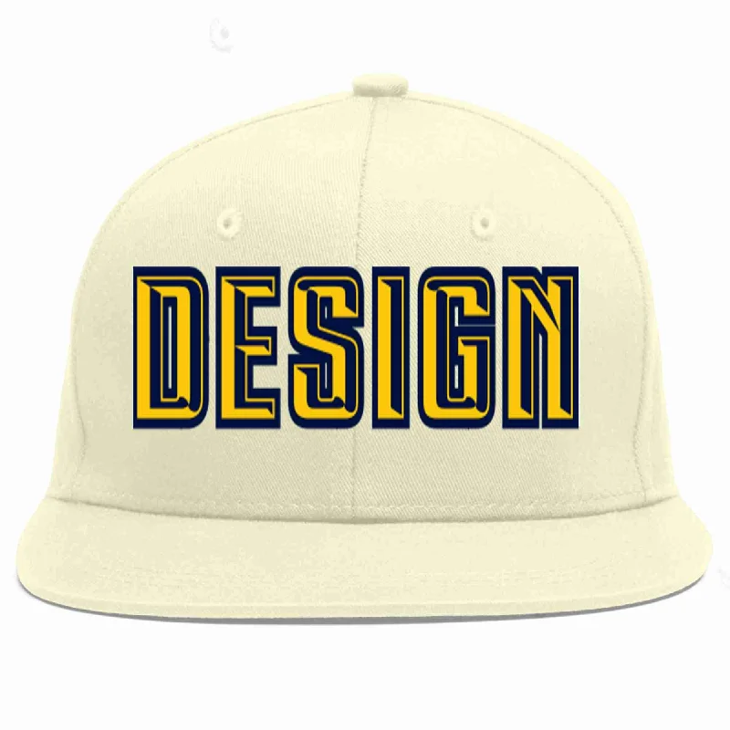 Baseball Cap For Youth And Adult Teams-Custom Cream Gold-Navy Flat Eaves Sport Baseball Cap Design for Men/Women/Youth