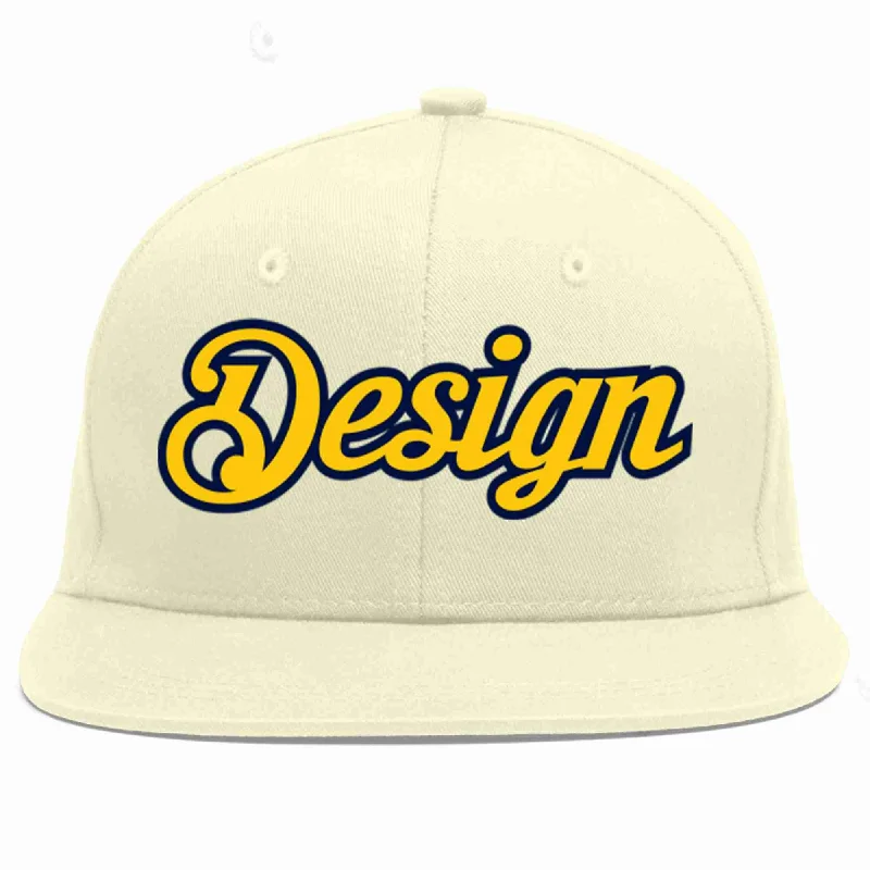 Baseball Cap For High School Teams-Custom Cream Gold-Navy Flat Eaves Sport Baseball Cap Design for Men/Women/Youth