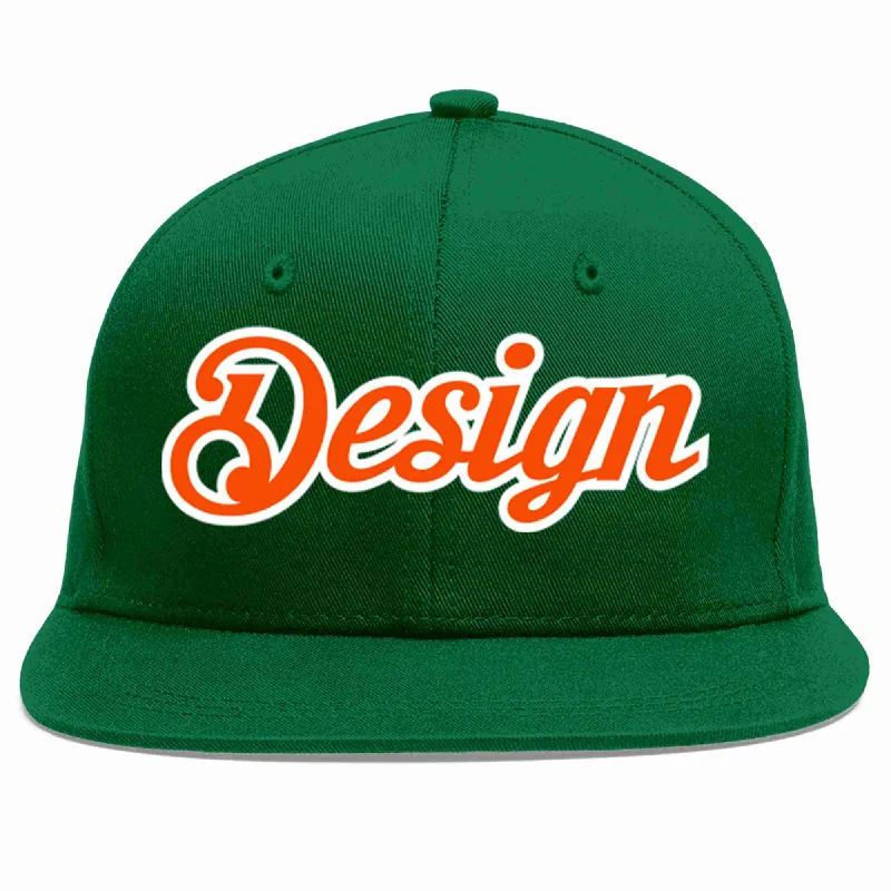 Custom Baseball Cap For Gifts-Custom Green Orange-White Flat Eaves Sport Baseball Cap Design for Men/Women/Youth