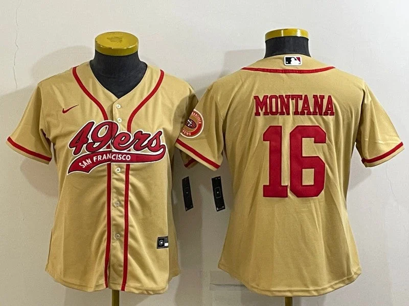 Baseball Jersey For Custom Logos And Graphics-Women's San Francisco 49ers #16 Joe Montana Gold With Patch Cool Base Stitched Baseball Jersey(Run Small)