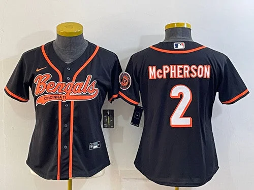 Baseball Jersey For Team Recognition-Women's Cincinnati Bengals #2 Evan McPherson Black With Patch Cool Base Stitched Baseball Jersey(Run Small)