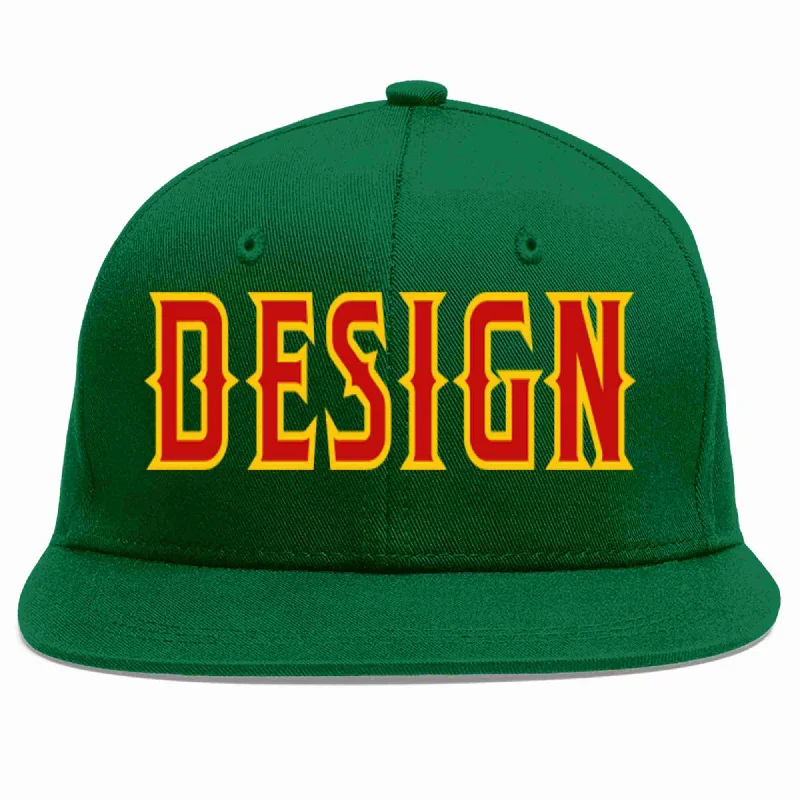 Baseball Cap For Fan Club Merchandise-Custom Green Red-Yellow Flat Eaves Sport Baseball Cap Design for Men/Women/Youth