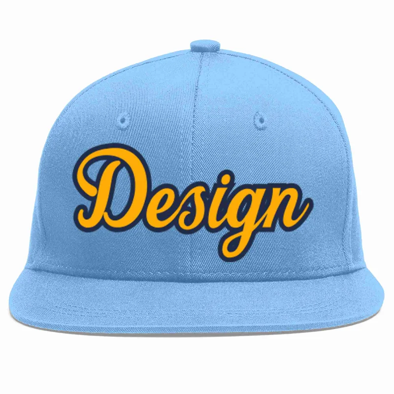 Baseball Cap For High School Teams-Custom Light Blue Yellow-Navy Flat Eaves Sport Baseball Cap Design for Men/Women/Youth