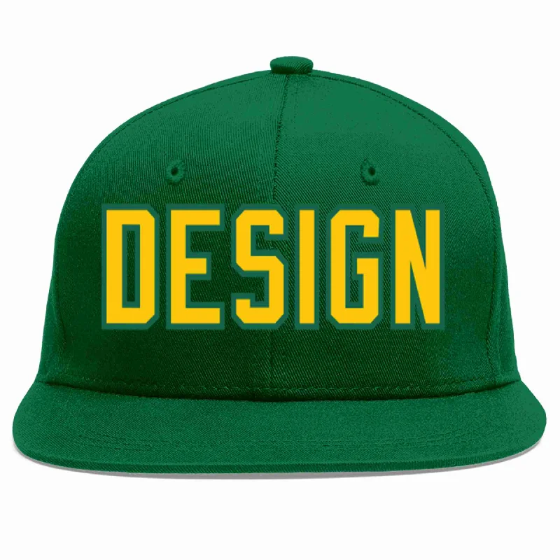 Baseball Cap With Team Colors-Custom Green Gold-Kelly Green Flat Eaves Sport Baseball Cap Design for Men/Women/Youth