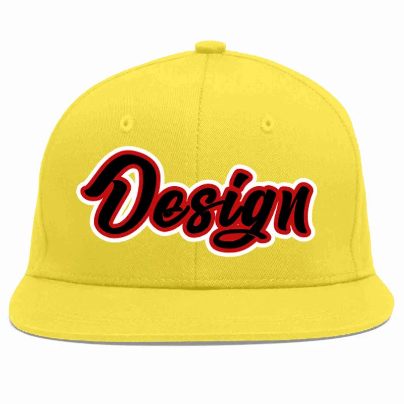 Baseball Cap For College Fan Apparel-Custom Light Gold Black-Red Flat Eaves Sport Baseball Cap Design for Men/Women/Youth