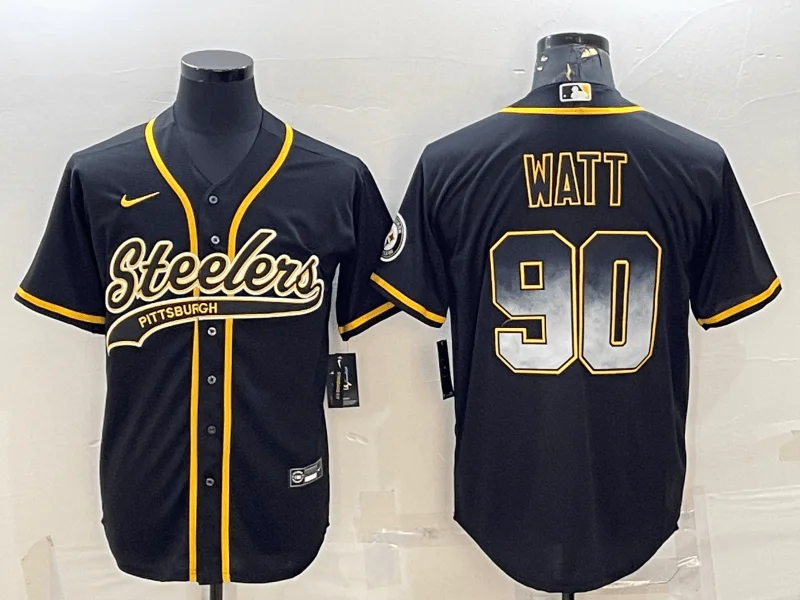 Baseball Jersey For Professional Teams-Men's Pittsburgh Steelers #90 TJ Watt Black Gold With Patch Cool Base Stitched Baseball Jersey