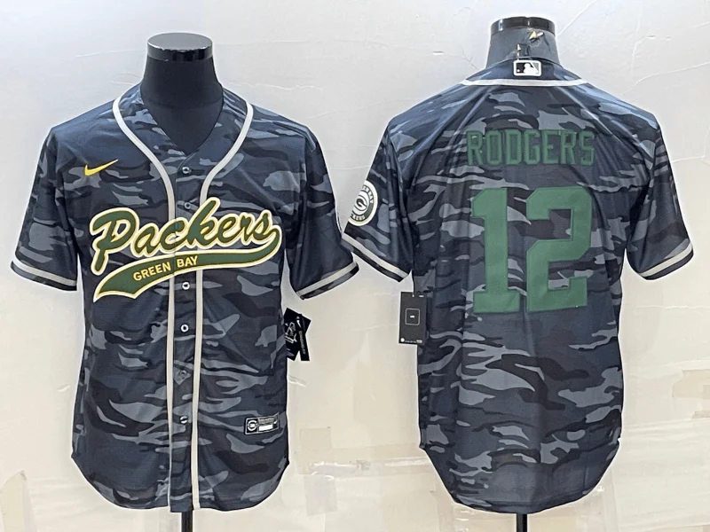 Baseball Jersey With Custom Player Names-Men's Green Bay Packers #12 Aaron Rodgers Grey Green Camo With Patch Cool Base Stitched Baseball Jersey