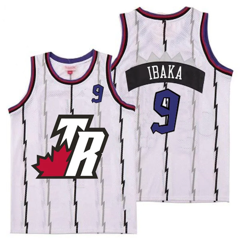 Basketball Jersey For Seasonal Fan Gifts-Raptors 9 Serge Ibaka White Big White TR Logo Retro Basketball Jersey