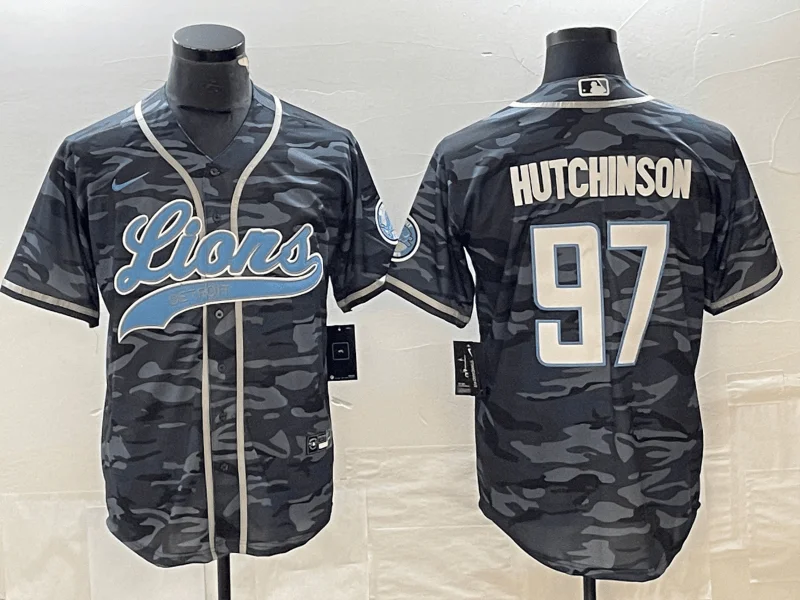 Baseball Jersey For Personalized Team Wear-Men's Detroit Lions #97 Aidan Hutchinson Grey Camo With Patch Cool Base Stitched Baseball Jersey