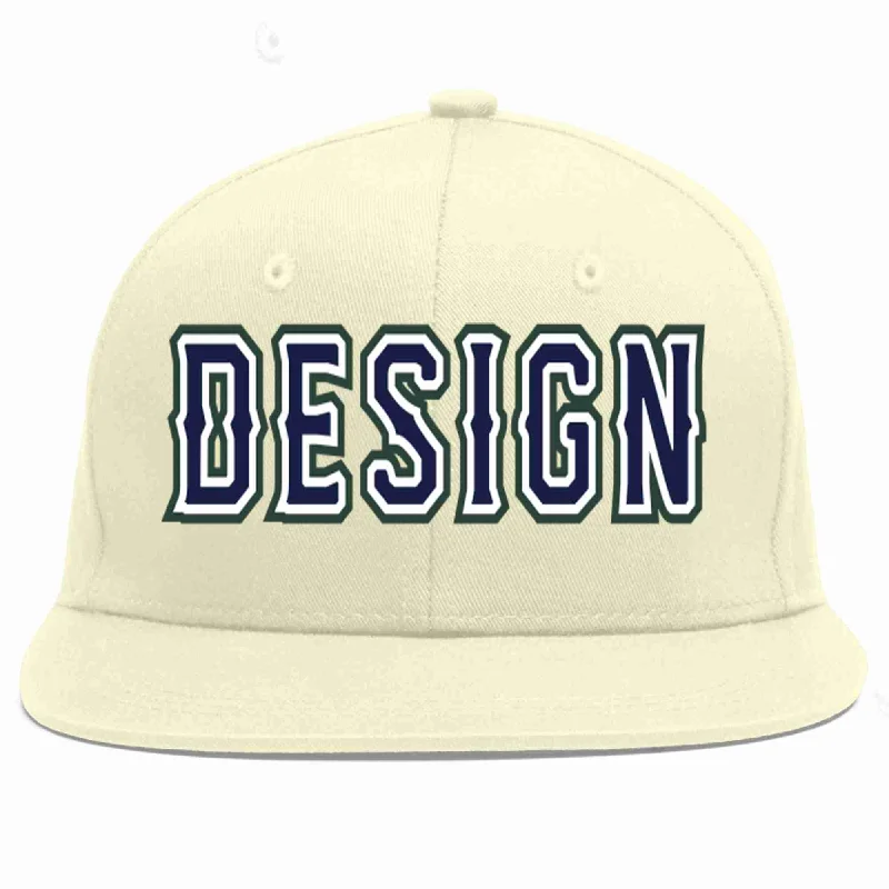 Baseball Cap For Customized Team Merchandise-Custom Cream Navy-White Flat Eaves Sport Baseball Cap Design for Men/Women/Youth