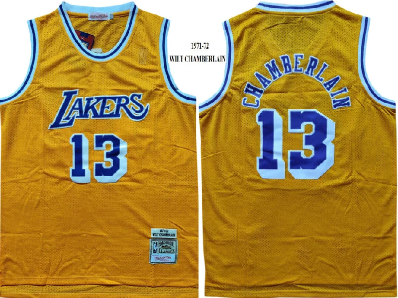 Basketball Jersey For Team Celebration Merchandise-Lakers 13 Wilt Chamberlain Yellow 1971-72 Hardwood Classics Basketball Jersey