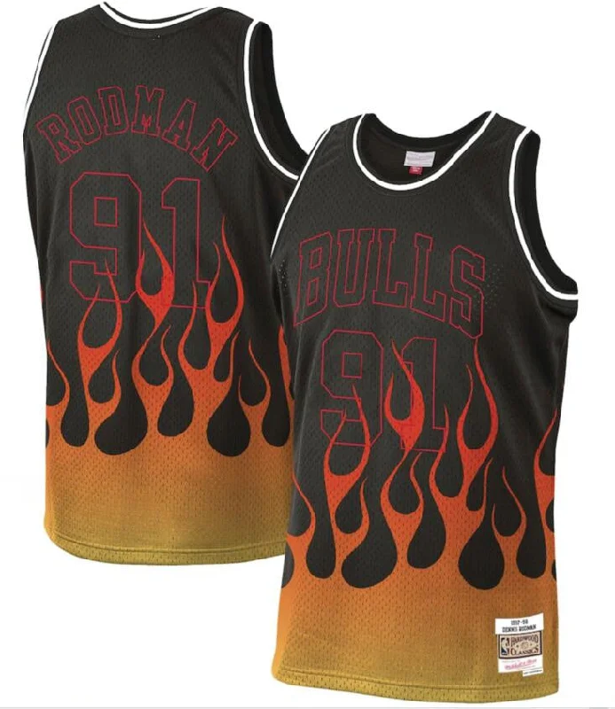 Basketball Jersey For Group Orders And Discounts-Bulls 91 Dennis Rodman Black 1997-98 Hardwood Classics Flames Swingman Basketball Jersey