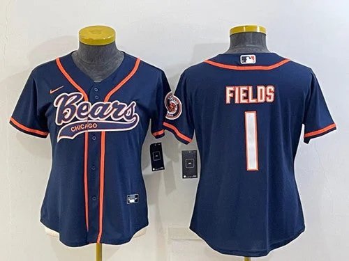 Baseball Jersey For Fans-Women's Chicago Bears #1 Justin Fields Navy With Patch Cool Base Stitched Baseball Jersey(Run Small)