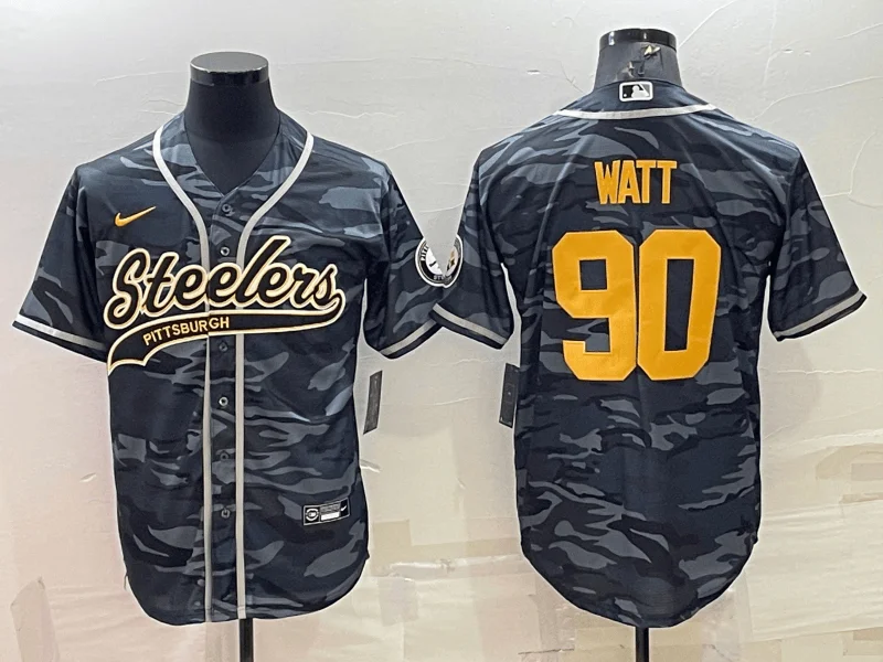 Baseball Jersey For Kids With Custom Names-Men's Pittsburgh Steelers #90 TJ Watt Grey Navy Camo With Patch Cool Base Stitched Baseball Jersey