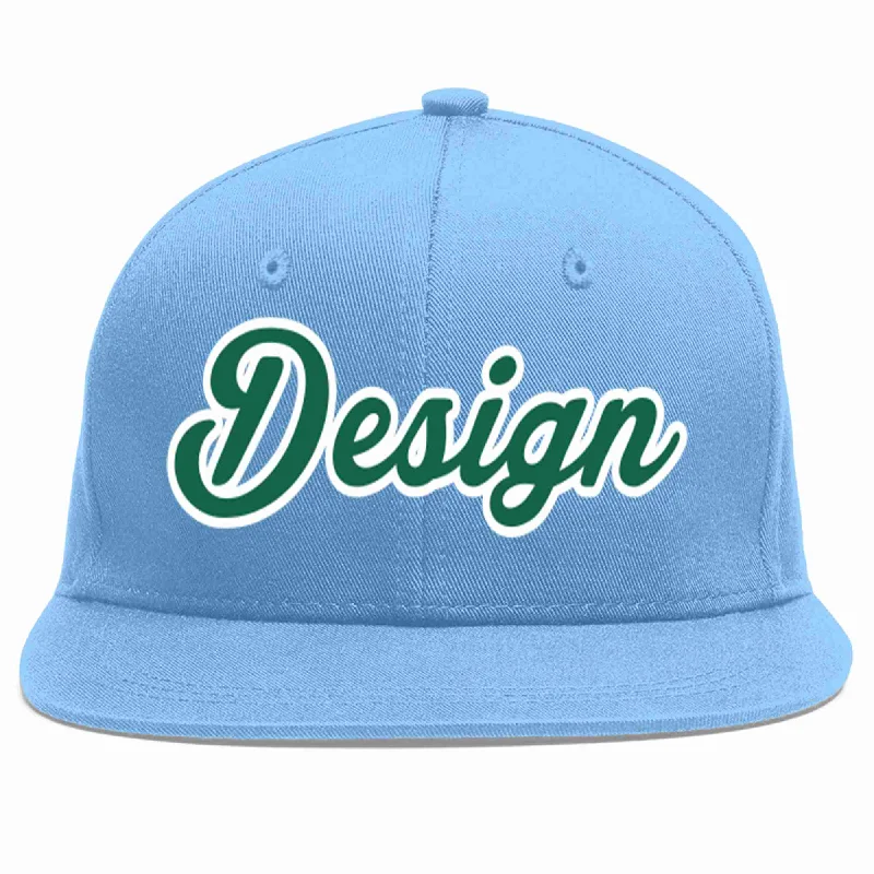 Baseball Cap For Official Teams-Custom Light Blue Kelly Green-White Flat Eaves Sport Baseball Cap Design for Men/Women/Youth