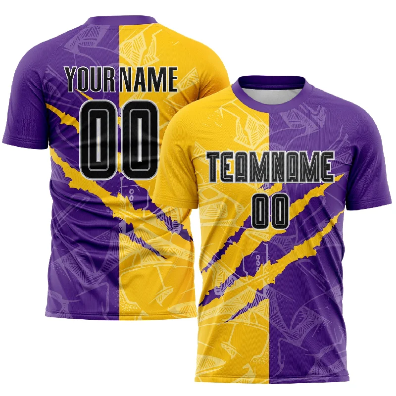 Football Jersey With Custom Graphics-Custom Graffiti Pattern Black Purple Yellow-Gray Scratch Sublimation Soccer Uniform Jersey