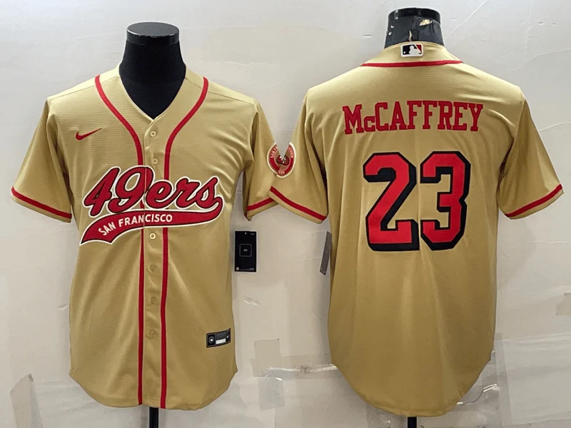 Baseball Jersey With Personalized Patches-Men's San Francisco 49ers #23 Christian McCaffrey Gold Color Rush With Patch Cool Base Stitched Baseball Jersey