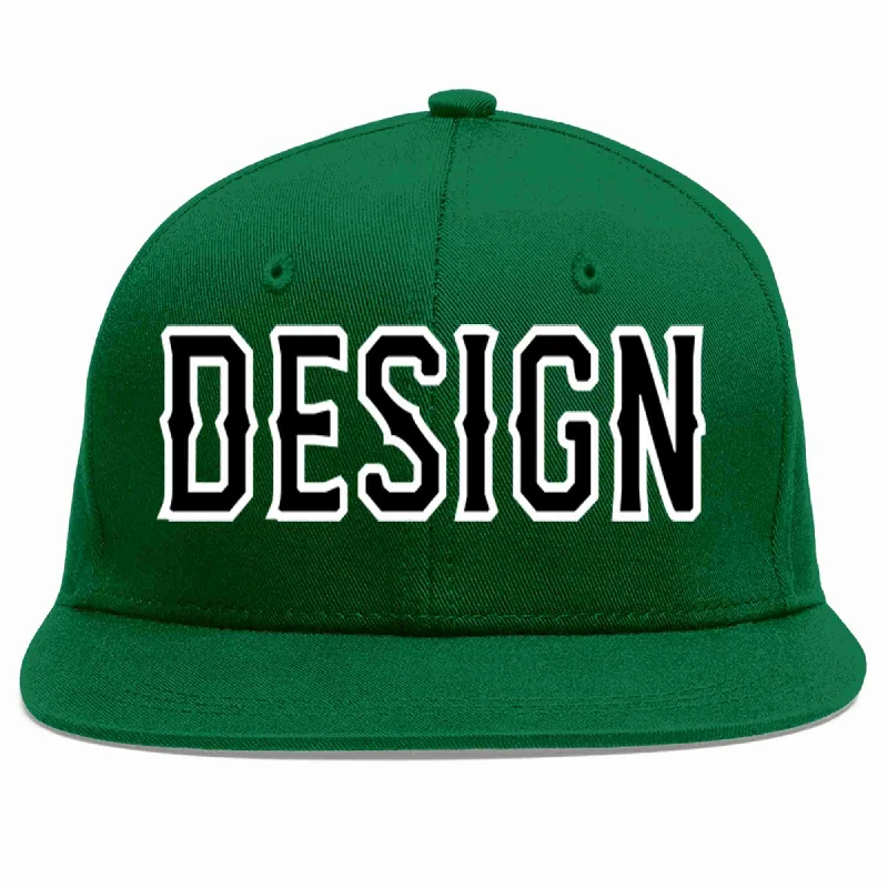 Baseball Cap For Customized Team Merchandise-Custom Green Black-White Flat Eaves Sport Baseball Cap Design for Men/Women/Youth