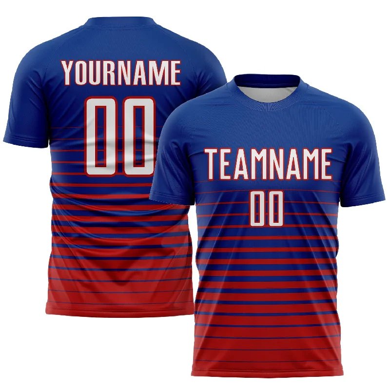 Football Jersey With Personalized Patches-Custom Royal White-Red Pinstripe Fade Fashion Sublimation Soccer Uniform Jersey