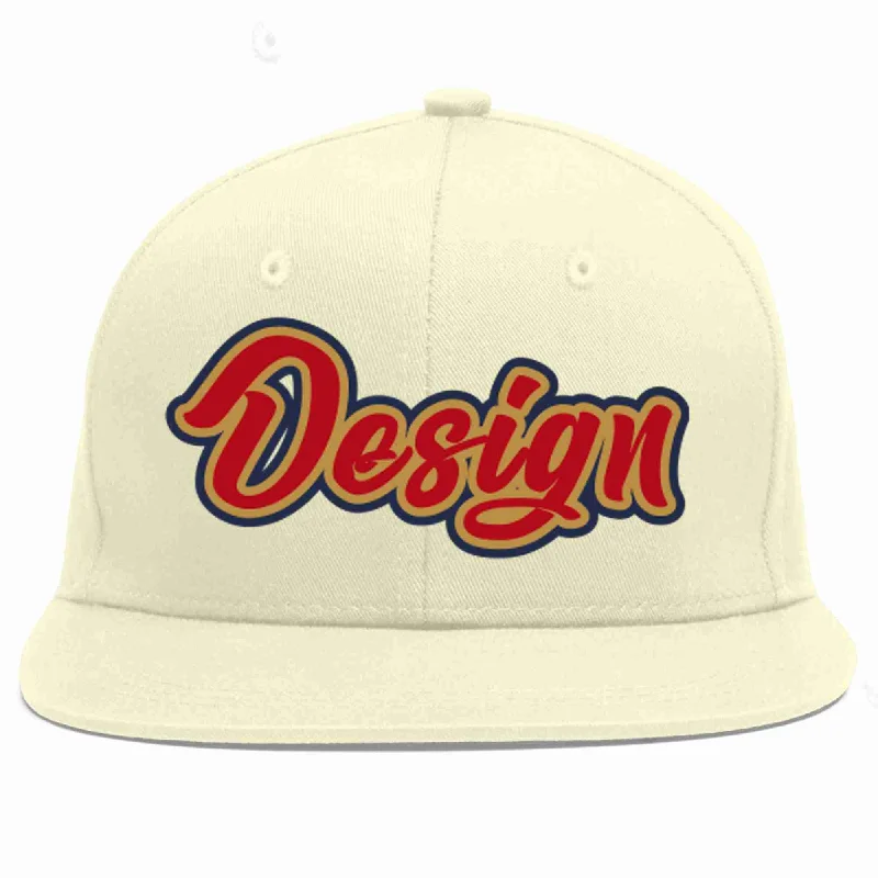 Baseball Cap With Player Numbers-Custom Cream Red-Old Gold Flat Eaves Sport Baseball Cap Design for Men/Women/Youth