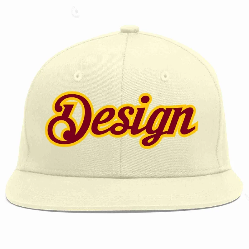 Custom Printed Baseball Cap-Custom Cream Crimson-Gold Flat Eaves Sport Baseball Cap Design for Men/Women/Youth