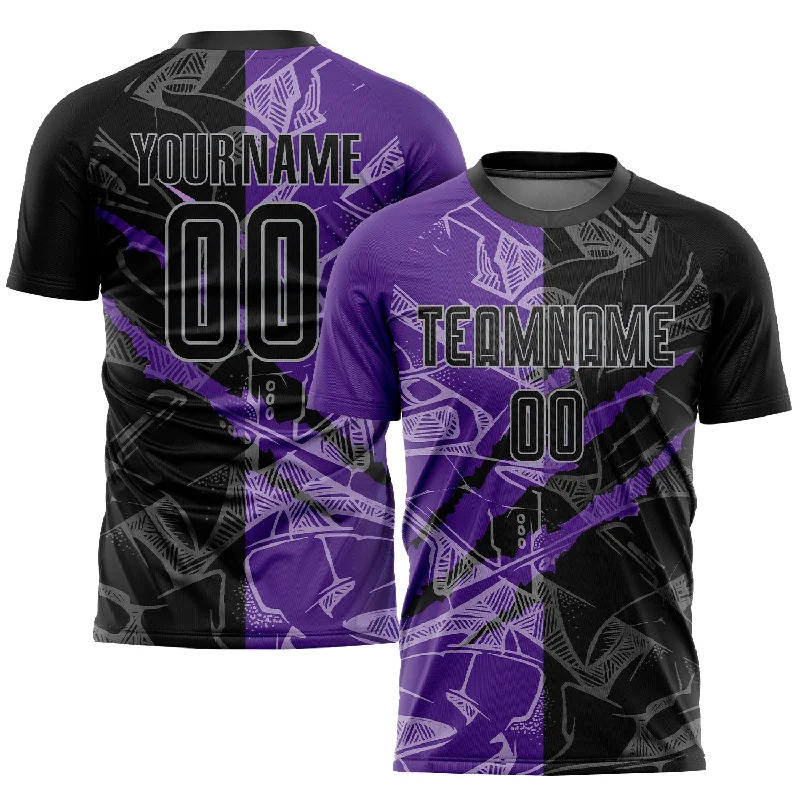 Football Jersey For Custom Fan Gear-Custom Graffiti Pattern Black Purple-Gray Scratch Sublimation Soccer Uniform Jersey