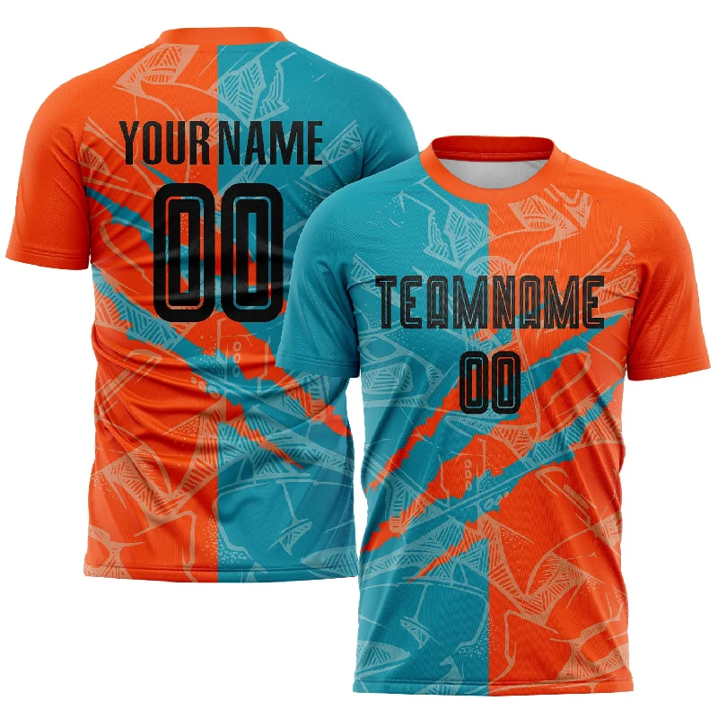 Football Jersey For Football Players And Fans-Custom Graffiti Pattern Black Teal-Orange Scratch Sublimation Soccer Uniform Jersey