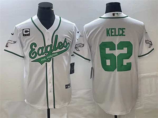 Baseball Jersey With Player And Team Logos-Men's Philadelphia Eagles #62 Jason Kelce White With C Patch Cool Base Stitched Baseball Jersey