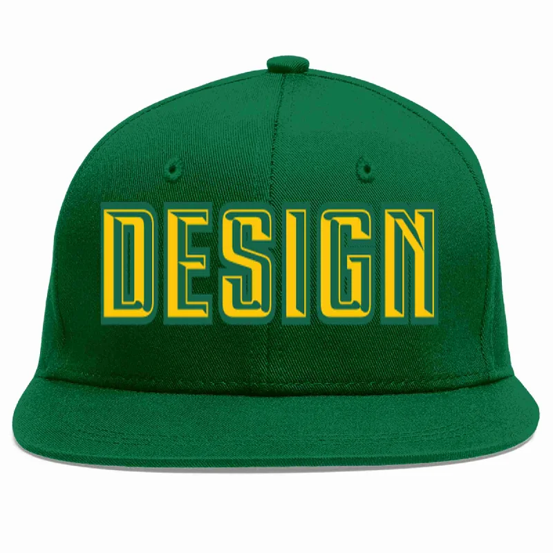 Baseball Cap For Youth Sports-Custom Green Gold-Kelly Green Flat Eaves Sport Baseball Cap Design for Men/Women/Youth