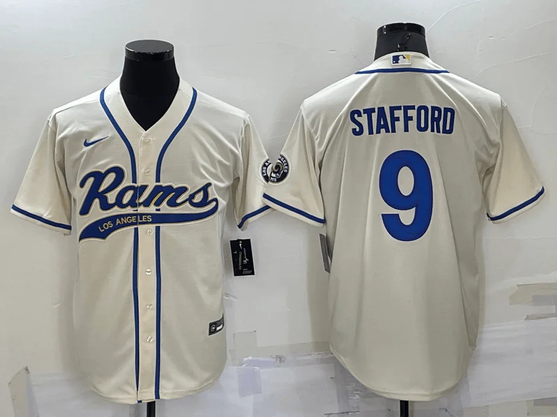 Baseball Jersey With Unique Player Numbering-Men's Los Angeles Rams #9 Matthew Stafford Cream Stitched Cool Base Baseball Jersey