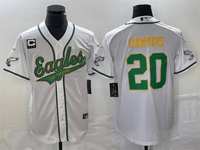 Baseball Jersey For Adults-Men's Philadelphia Eagles #20 Brian Dawkins White Gold With C Patch Cool Base Stitched Baseball Jersey